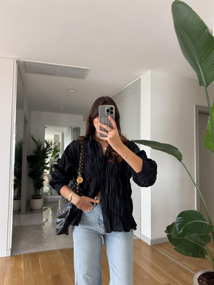 Massi Buruşuk Kumaş Gömlek -Siyah