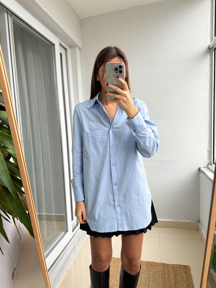 Massi Cepli Poplin Gömlek- Mavi