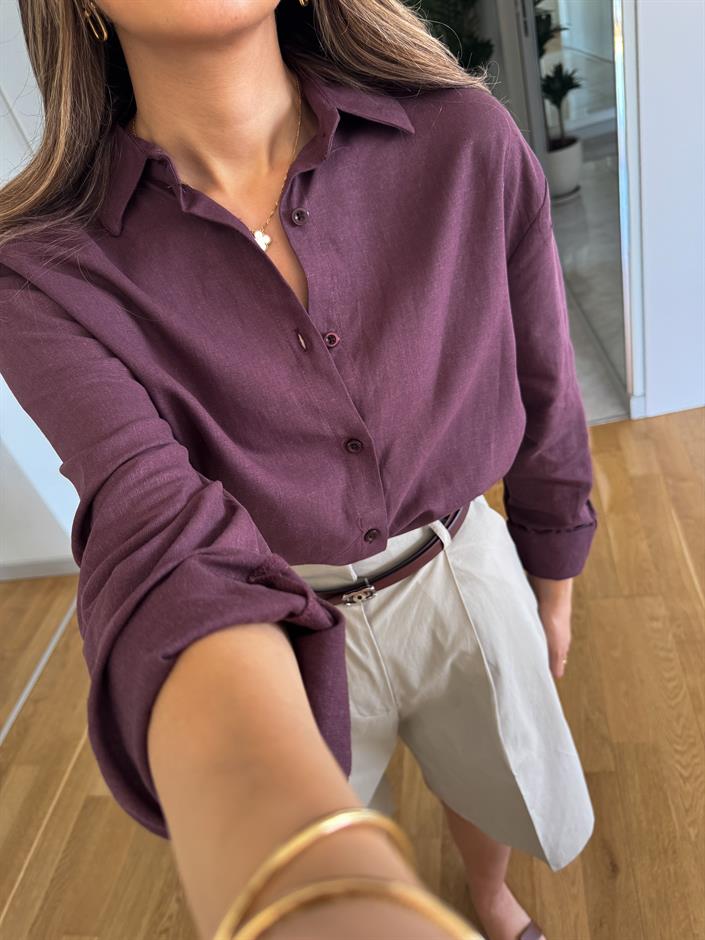 Massi Keten Karışımlı Gömlek - Mürdüm