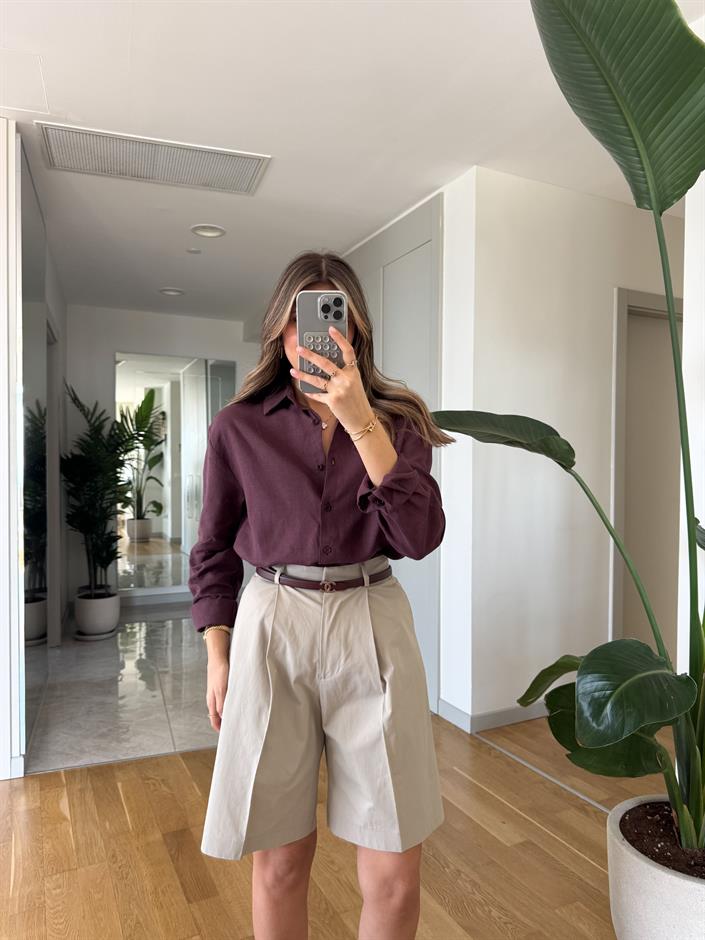 Massi Keten Karışımlı Gömlek - Mürdüm