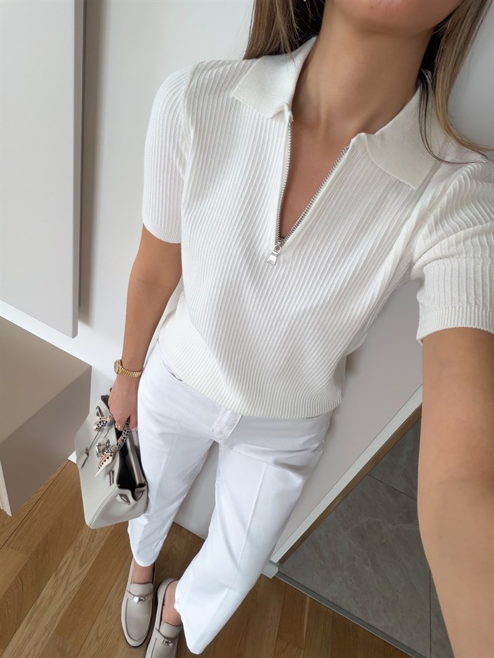 Massi Yarı Fermuarlı Polo Yaka Triko - Ekru