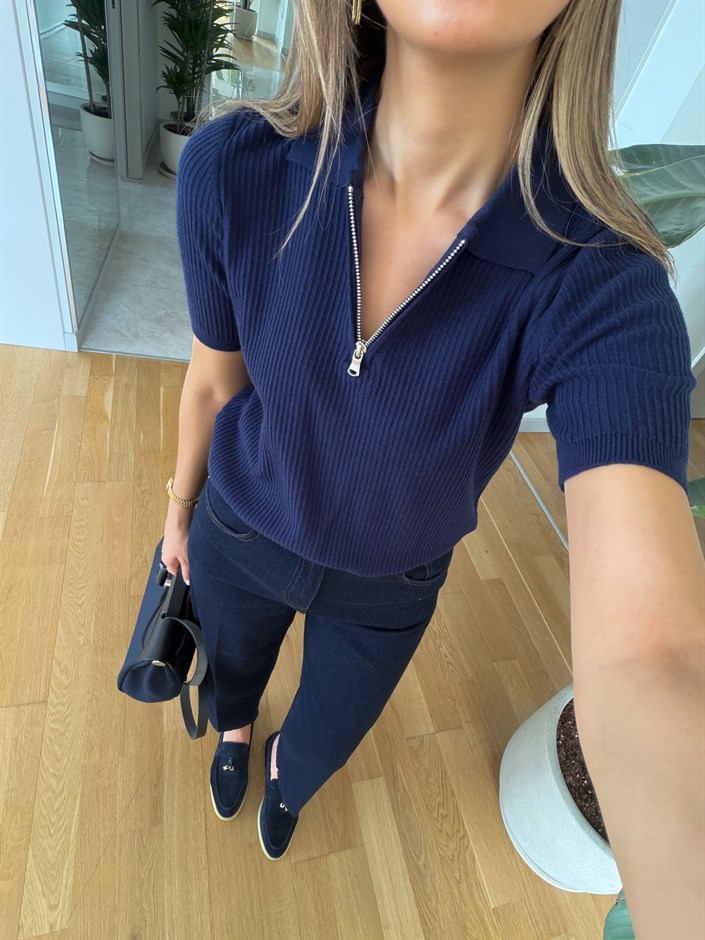 Massi Yarı Fermuarlı Polo Yaka Triko - Lacivert