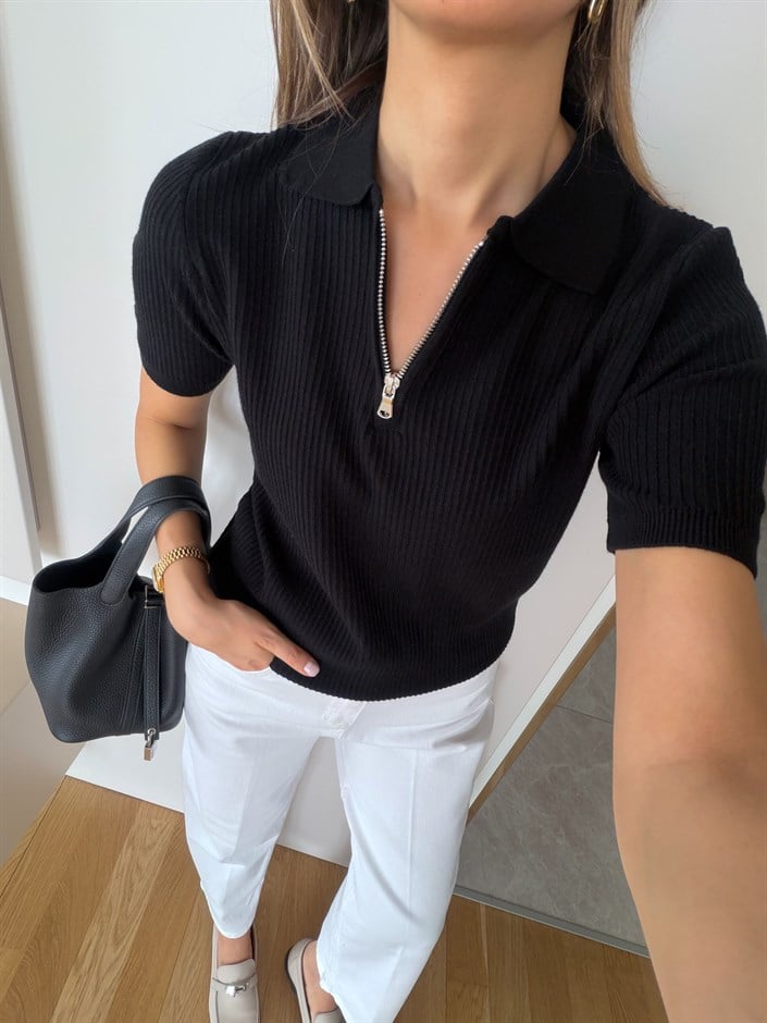 Massi Yarı Fermuarlı Polo Yaka Triko - Siyah