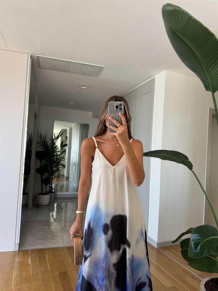 Mavi Desenli İp Askılı Elbise 