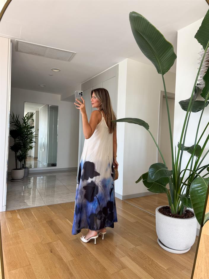 Mavi Desenli İp Askılı Elbise 