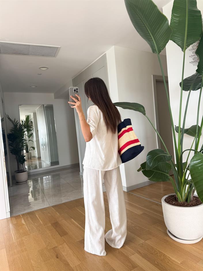 Max Bağlamalı Bluz Pantolon Keten Dokulu Takım - Ekru