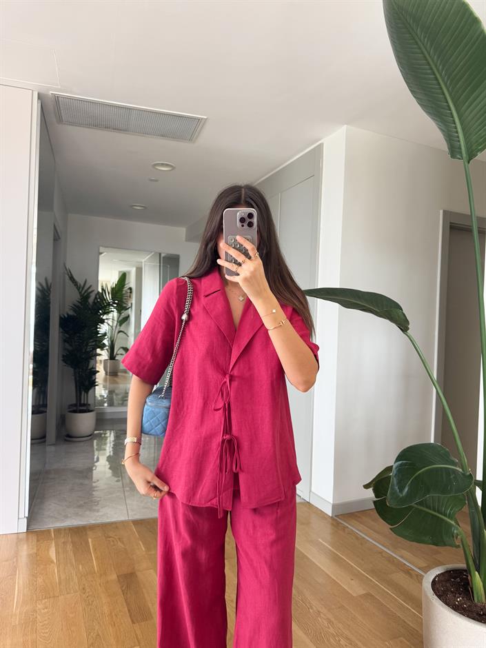 Max Bağlamalı Bluz Pantolon Keten Dokulu Takım - Fuşya