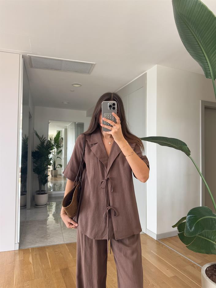 Max Bağlamalı Bluz Pantolon Keten Dokulu Takım - Kahve