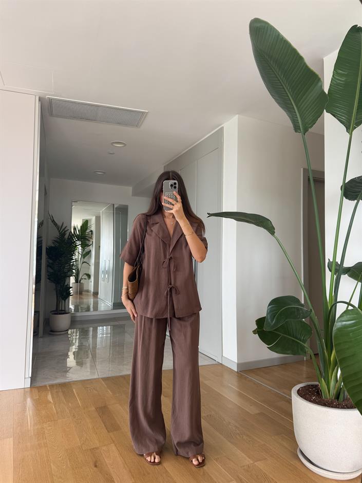 Max Bağlamalı Bluz Pantolon Keten Dokulu Takım - Kahve