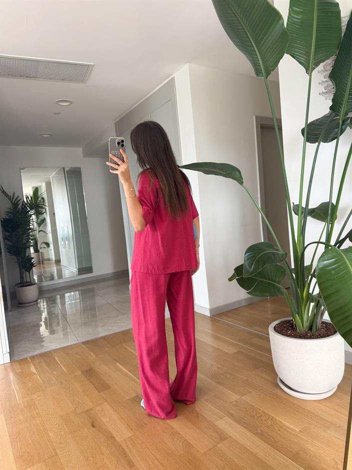 Max Bağlamalı Bluz Pantolon Keten Dokulu Takım - Fuşya