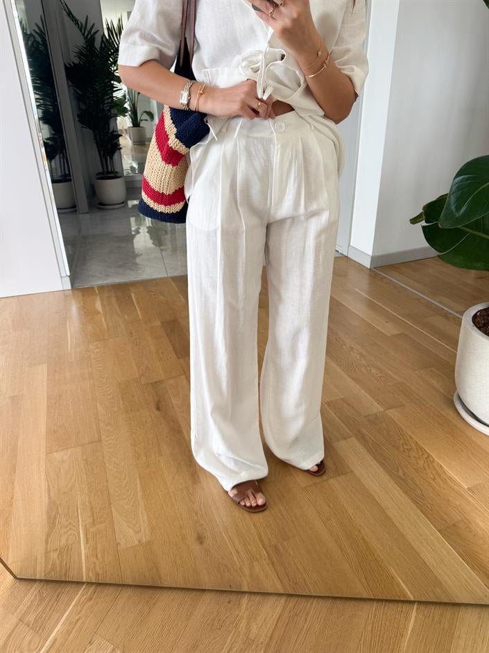 Max Bağlamalı Bluz Pantolon Keten Dokulu Takım - Ekru