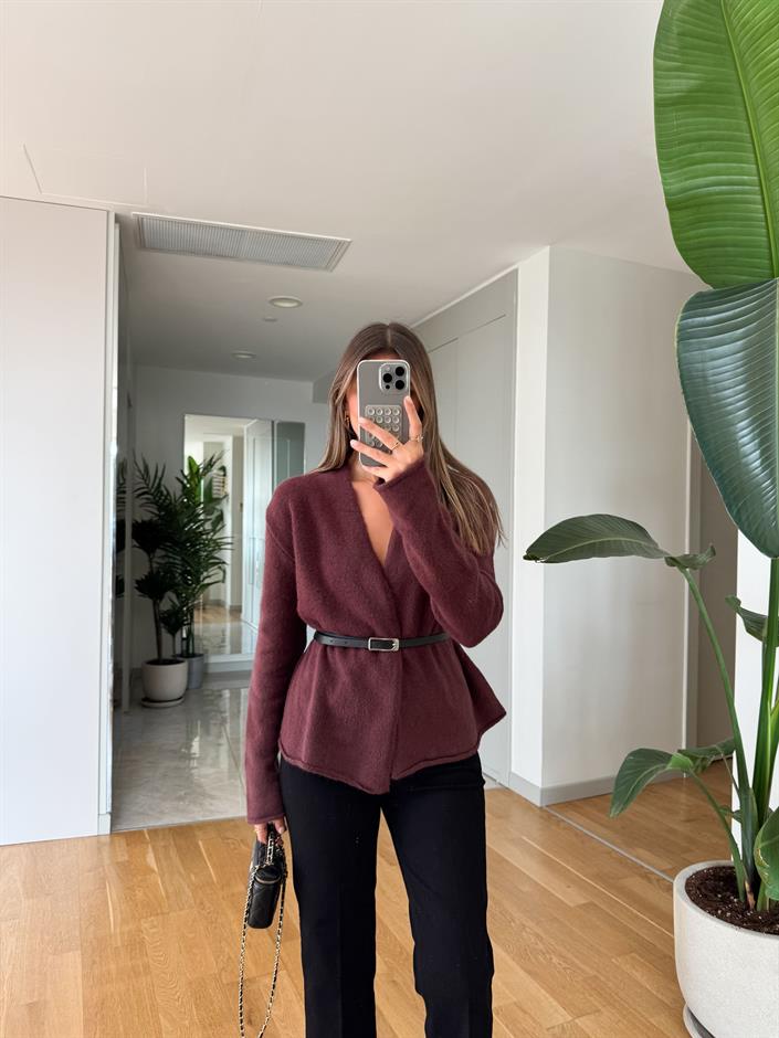 Maxim Kemerli Kruvaze Hırka - Mürdüm 