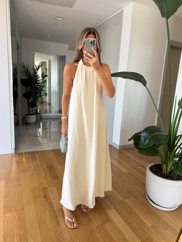 Melina Halter Yaka Elbise - Ekru
