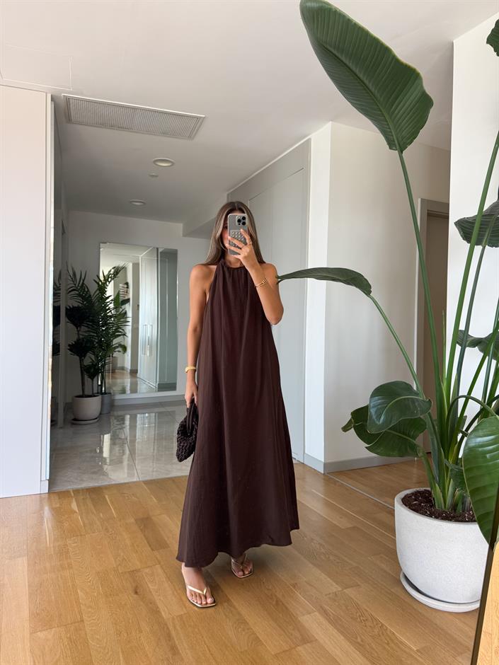 Melina Halter Yaka Elbise - Kahverengi