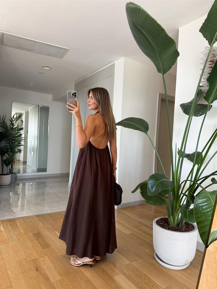 Melina Halter Yaka Elbise - Kahverengi