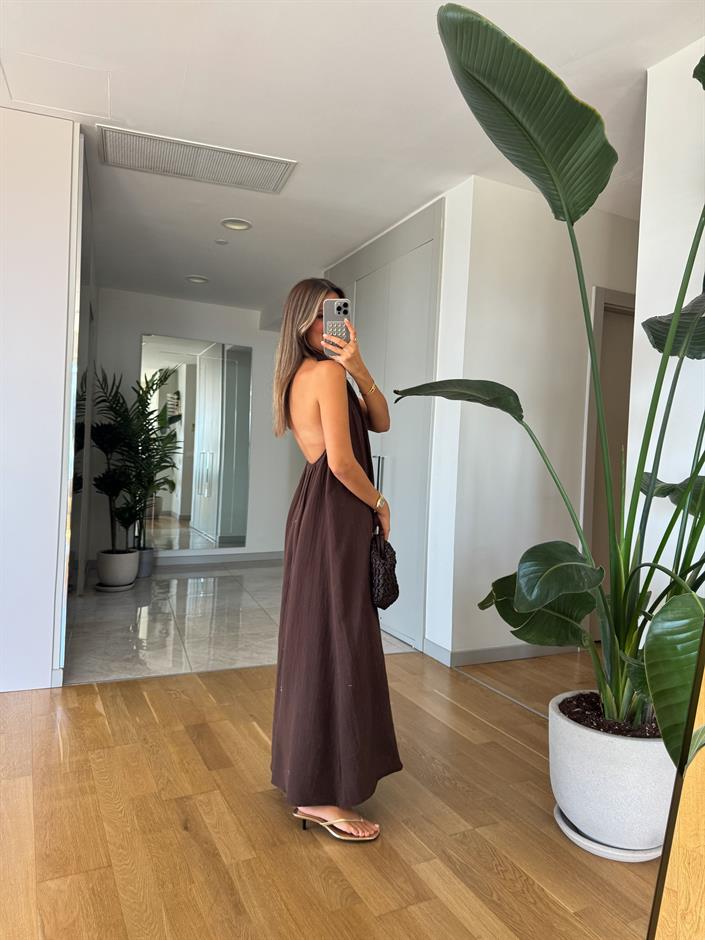 Melina Halter Yaka Elbise - Kahverengi