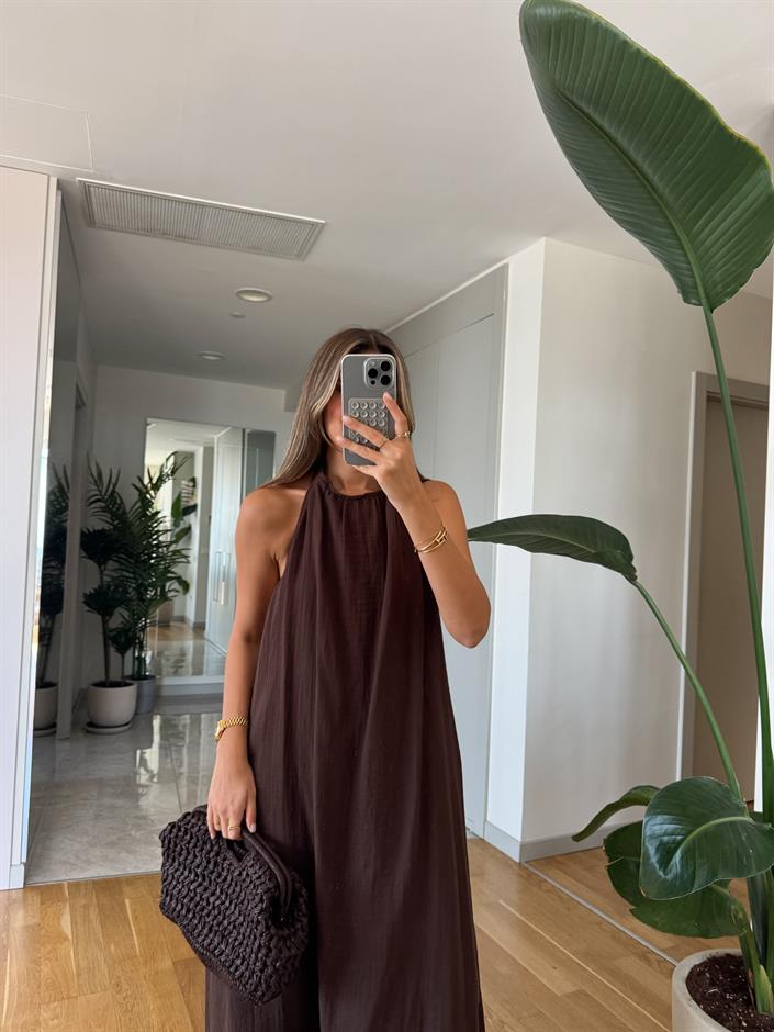 Melina Halter Yaka Elbise - Kahverengi