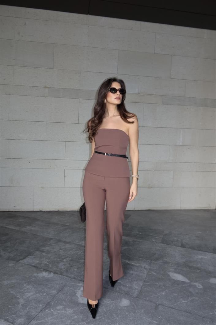 Merve Aksoy Paçası Yırtmaçlı Fit Pantolon-Kahve