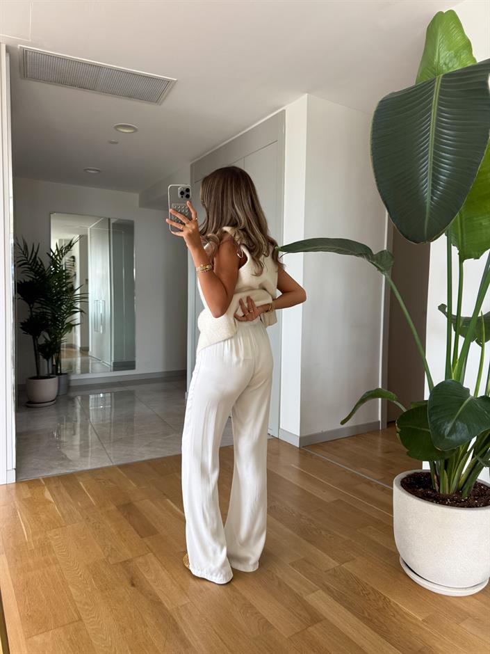 Messy Saten Pantolon - Ekru