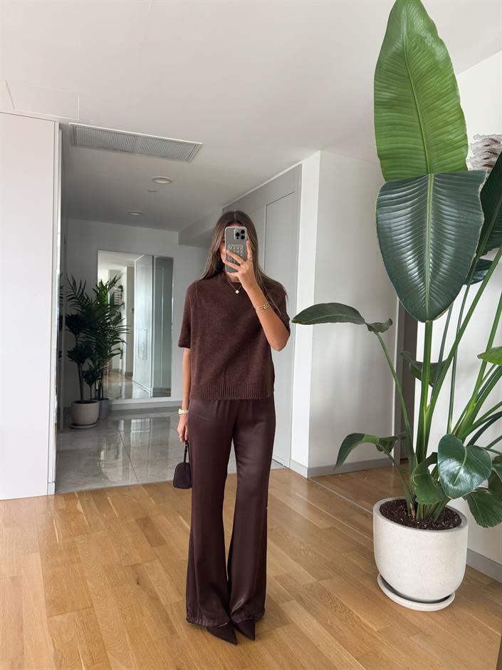 Messy Saten Pantolon - Kahve