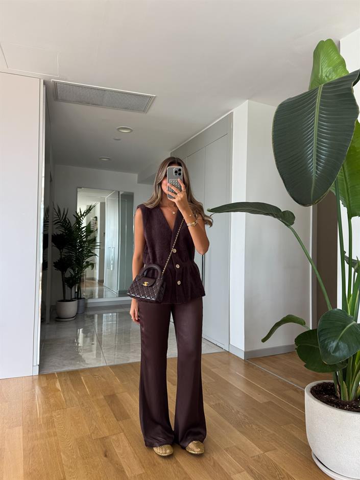 Messy Saten Pantolon - Kahve