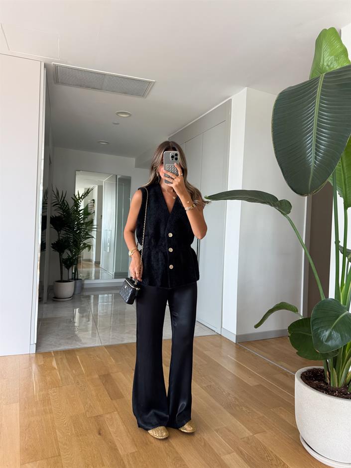 Messy Saten Pantolon - Siyah