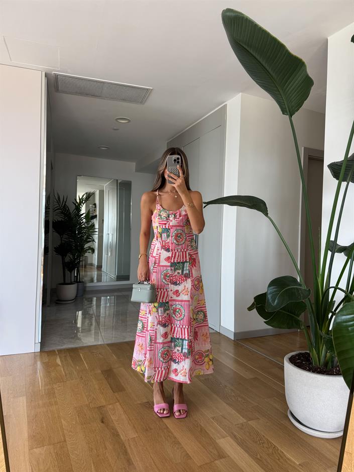 Meyve Baskılı Düğmeli Elbise 