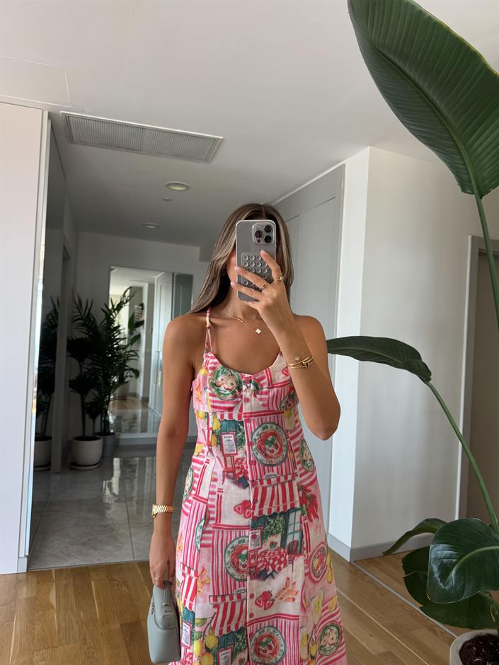 Meyve Baskılı Düğmeli Elbise 