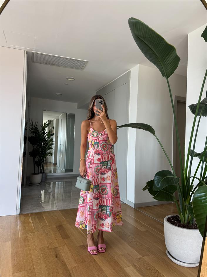 Meyve Baskılı Düğmeli Elbise 