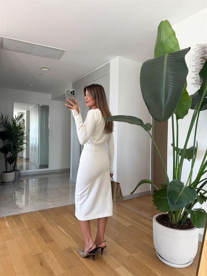 Mia Önden Yırtmaçlı Midi Etek  - Açık Krem