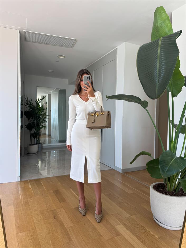 Mia Önden Yırtmaçlı Midi Etek  - Açık Krem