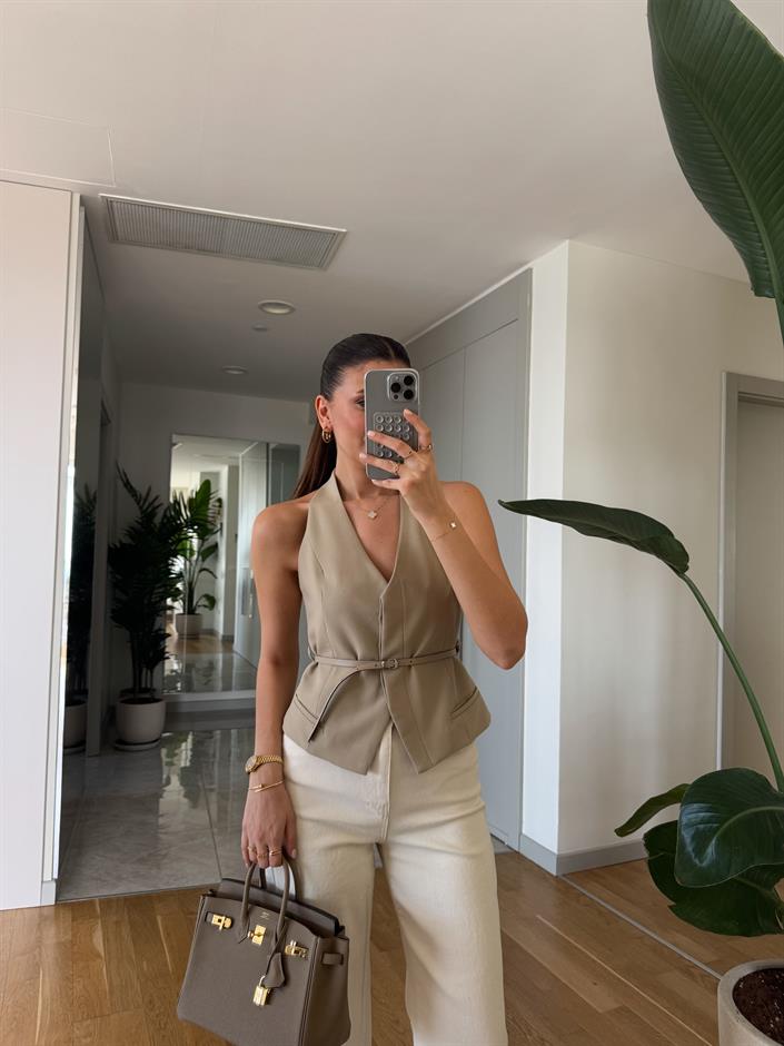 Michel Kemerli Halter Yaka Bluz- Camel 