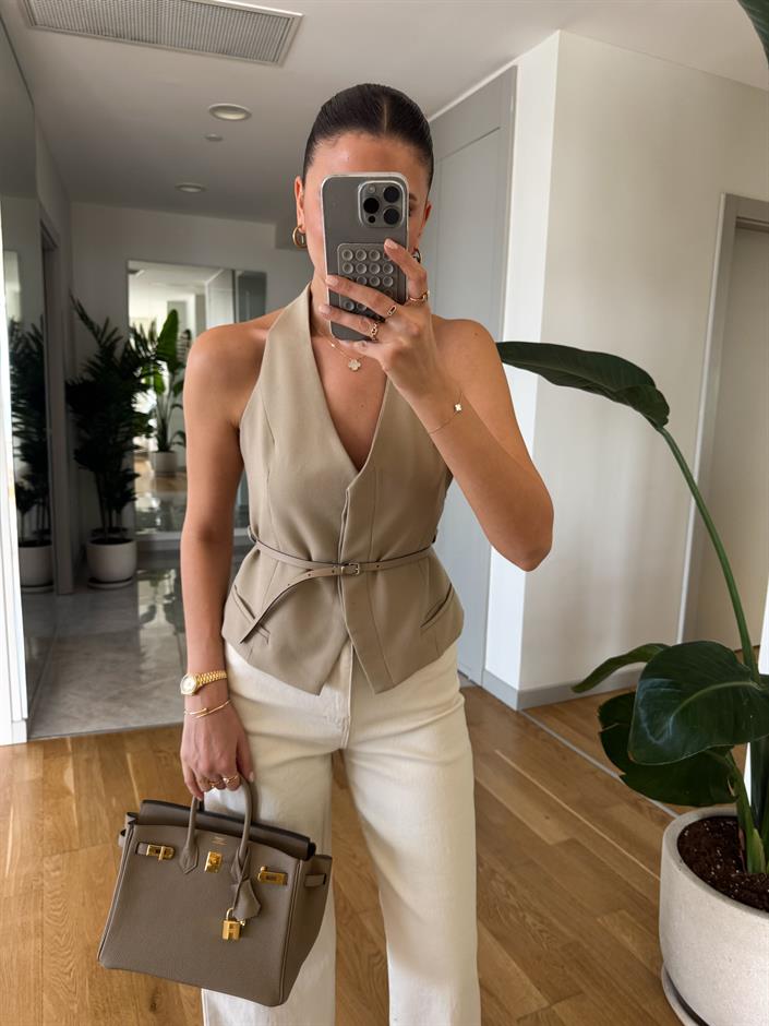 Michel Kemerli Halter Yaka Bluz- Camel 