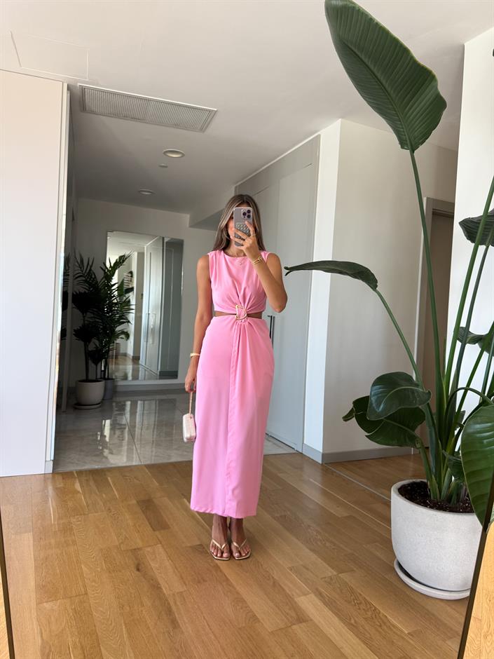 Mila Beli Tokalı ve Dekolteli Elbise - Pembe