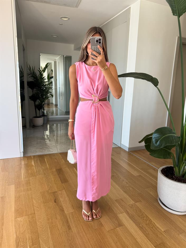 Mila Beli Tokalı ve Dekolteli Elbise - Pembe