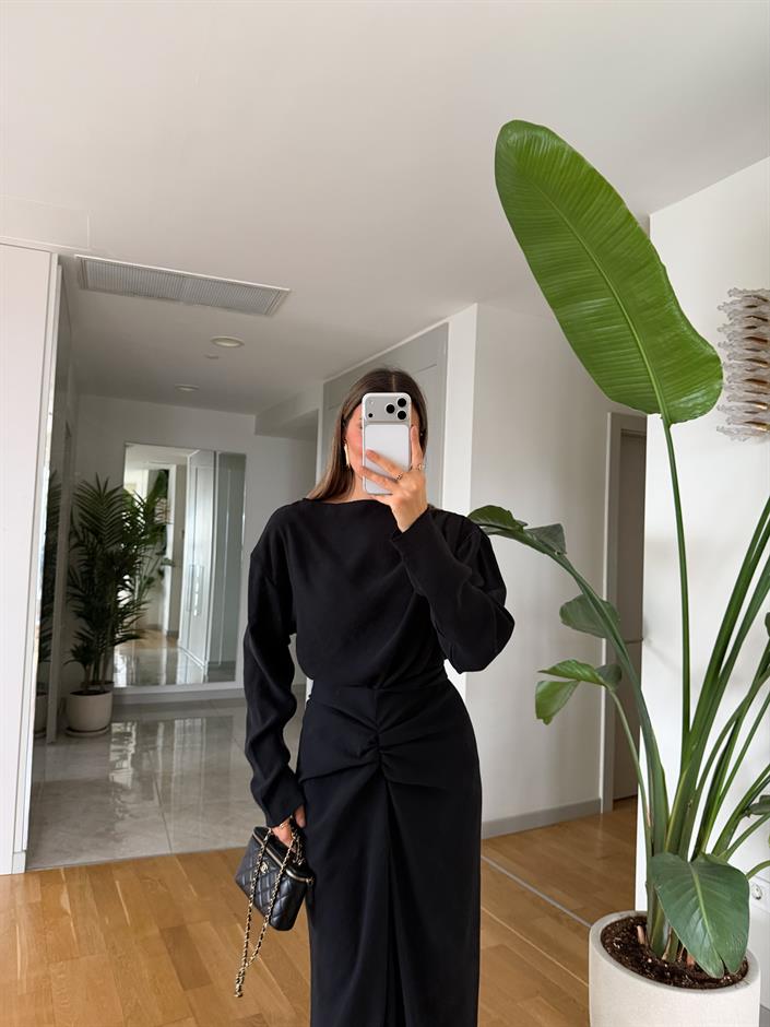 Mina Drapeli Tensel Etek Bluz Takım - Siyah