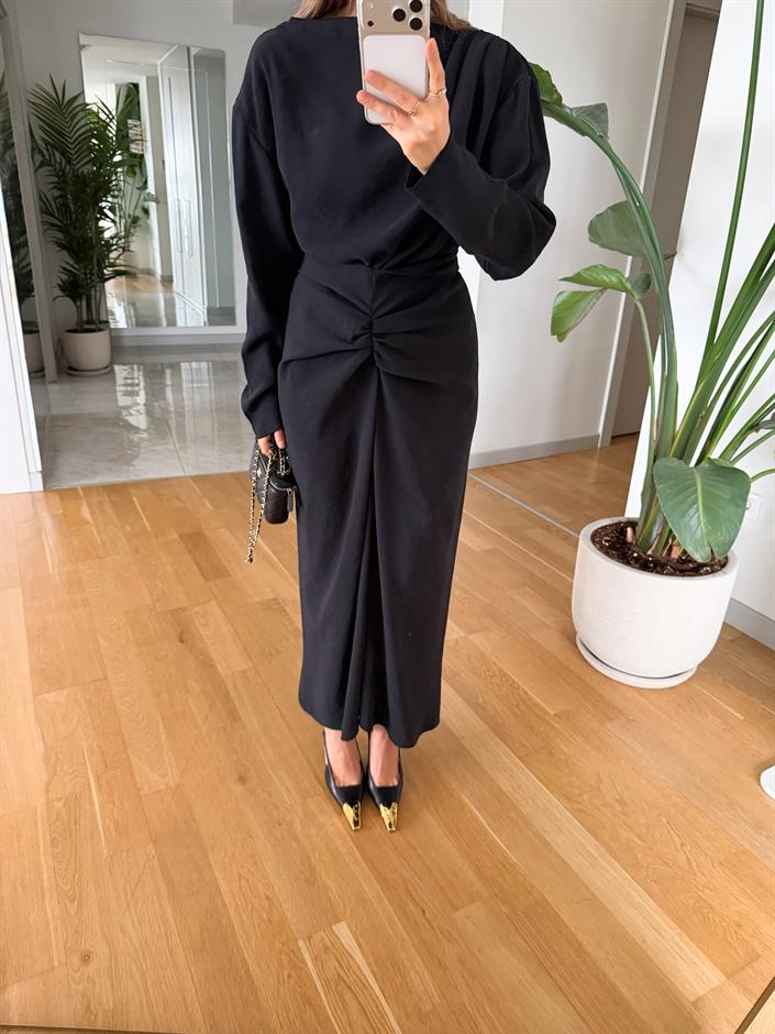 Mina Drapeli Tensel Etek Bluz Takım - Siyah