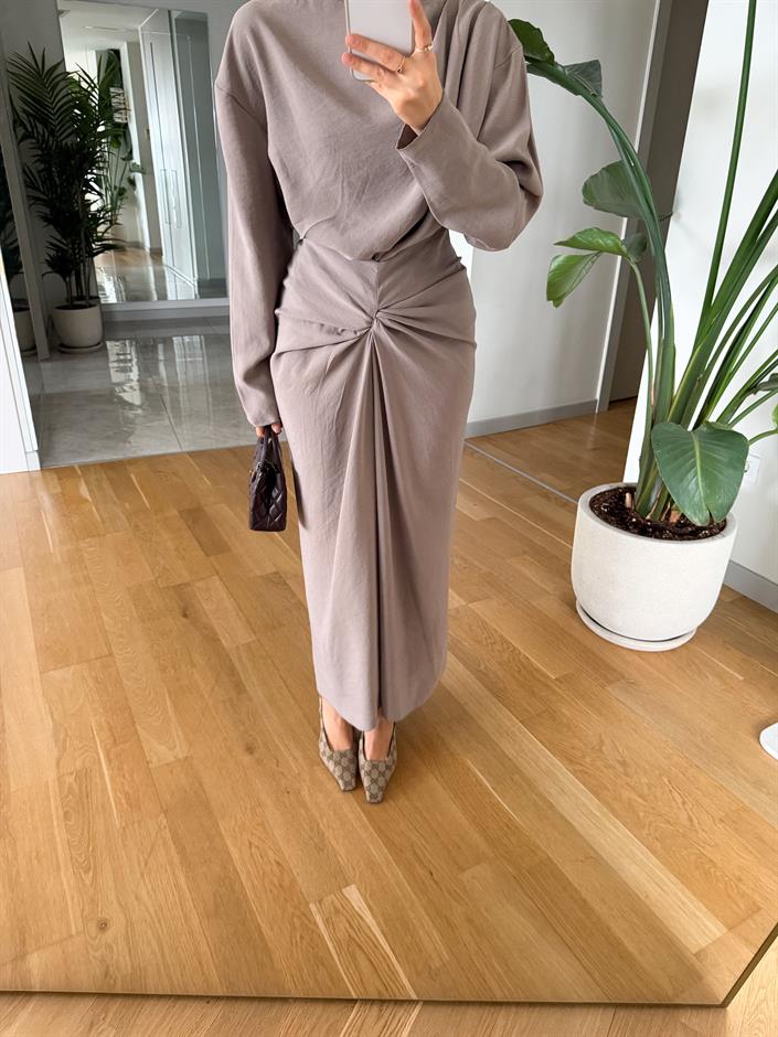 Mina Drapeli Tensel Etek Bluz Takım - Taş