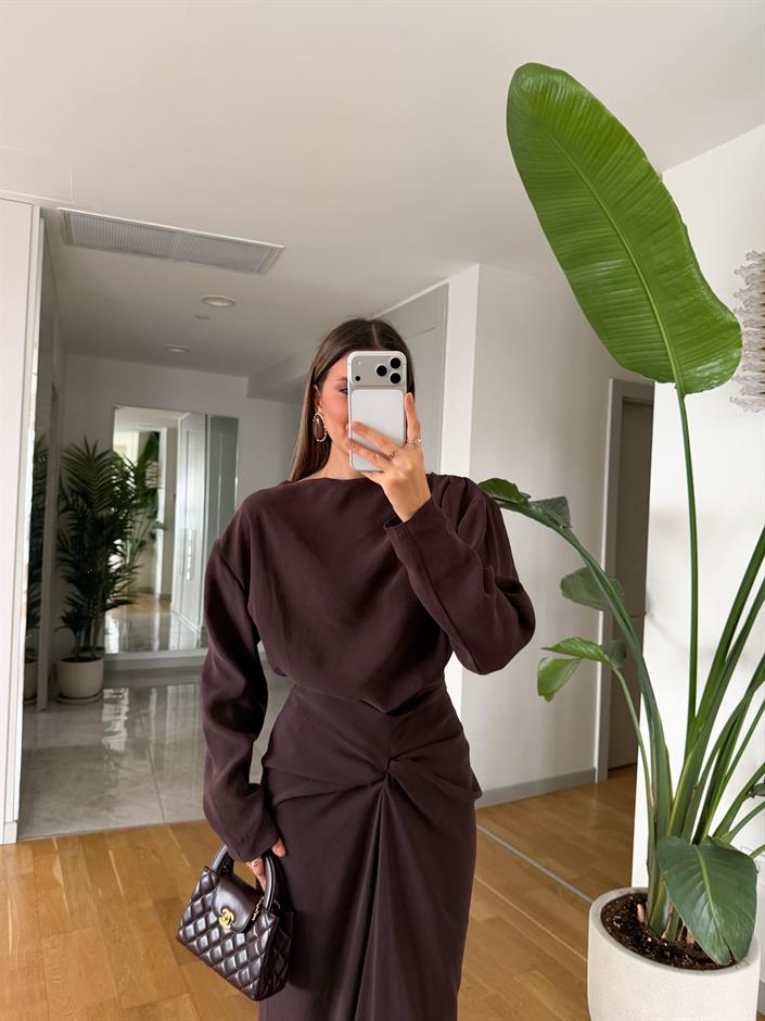 Mina Drapeli Tensel Etek Bluz Takım - Vizon