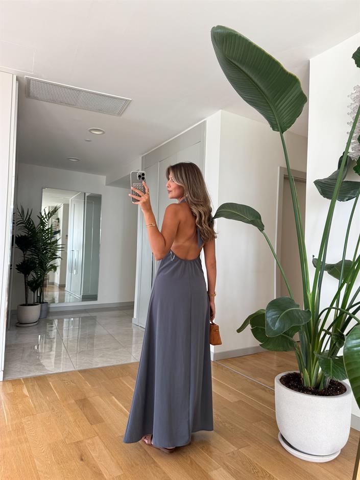 Misino Halter Yaka Elbise - Gri