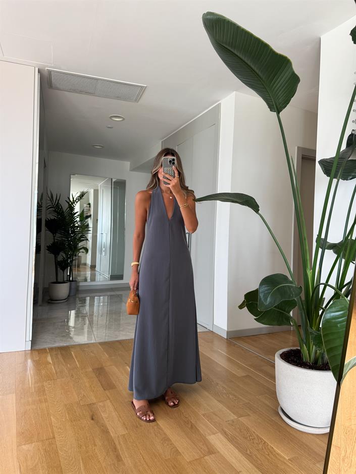 Misino Halter Yaka Elbise - Gri