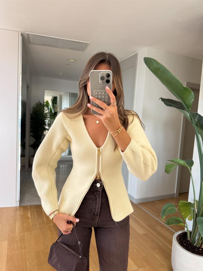 Mng Gold Fermuarlı Triko Hırka - Ekru 