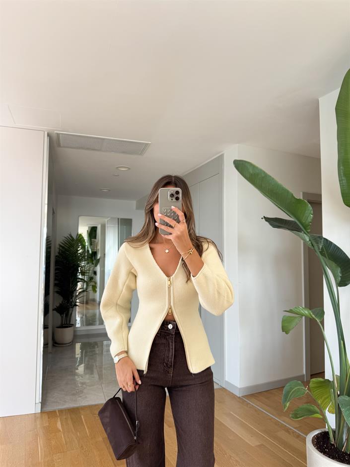 Mng Gold Fermuarlı Triko Hırka - Ekru 