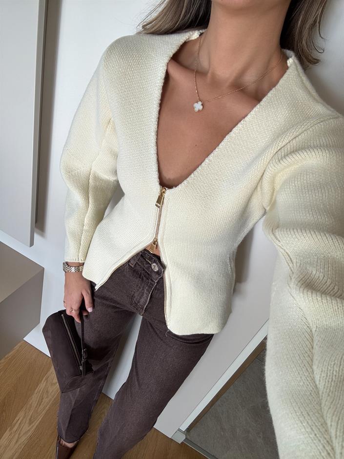 Mng Gold Fermuarlı Triko Hırka - Ekru 