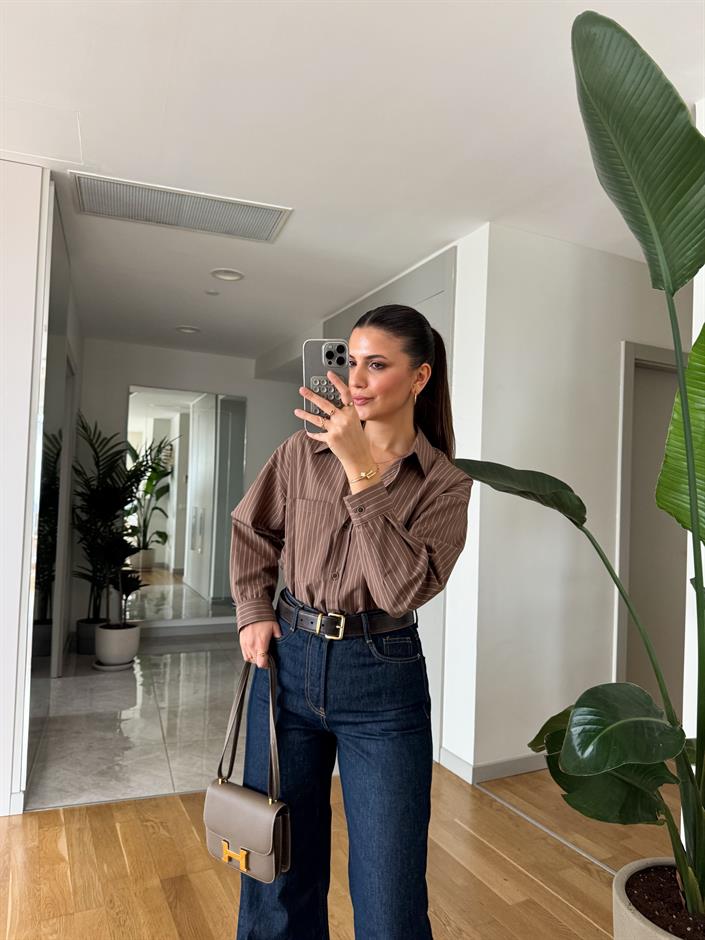 Mocha Bej Çizgili Poplin Gömlek