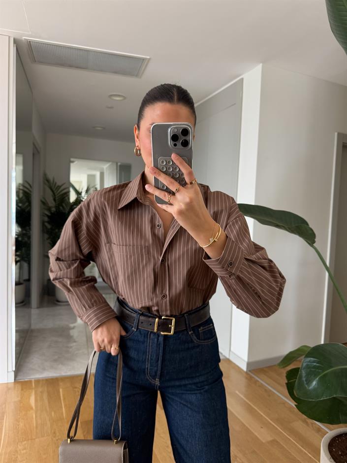 Mocha Bej Çizgili Poplin Gömlek