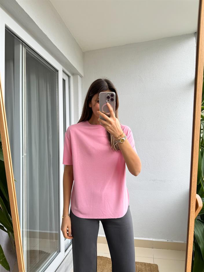 Modal Yırtmaçlı Basic Tişört- Pembe