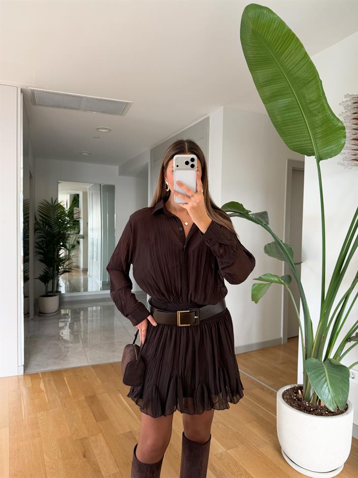 Mona Kraşlı Kemerli Şifon Elbise - Koyu Kahve