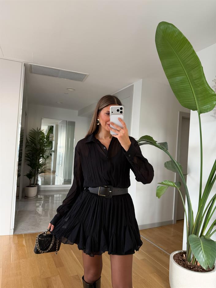 Mona Kraşlı Kemerli Şifon Elbise - Siyah