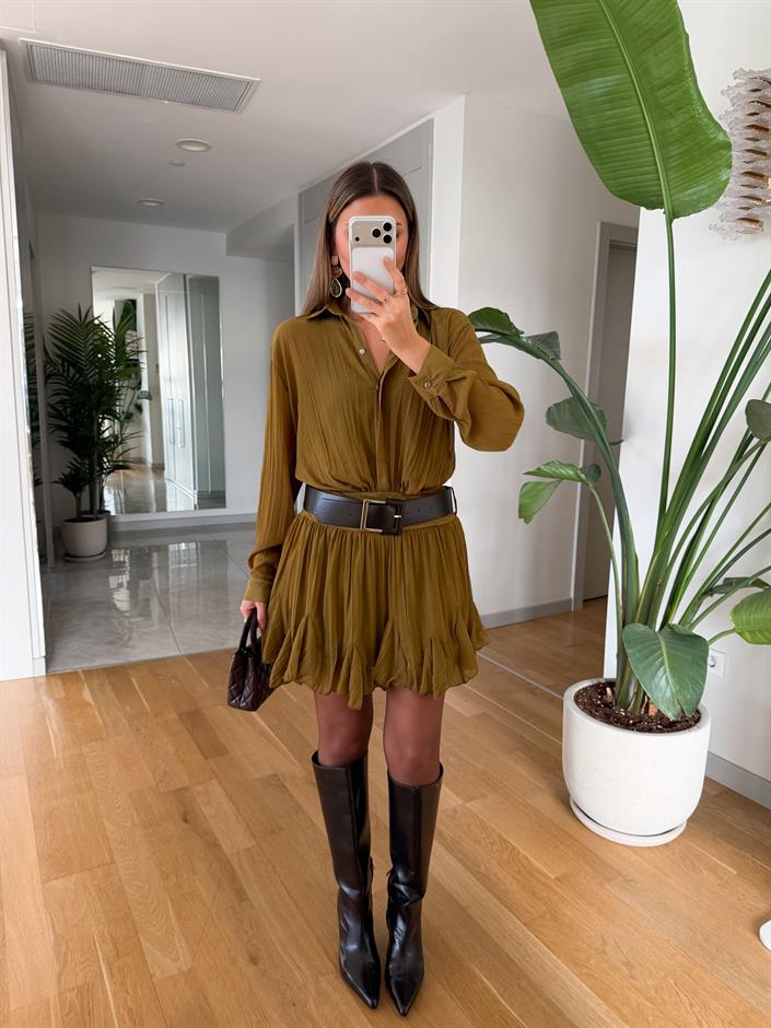 Mona Kraşlı Kemerli Şifon Elbise - Yağ Yeşili 